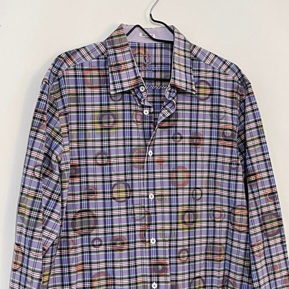 Bugatchi UOMO Button Down Dress Shirt Mens XL Purple Plaid w/ Circles Flip Cuff - Picture 9 of 10